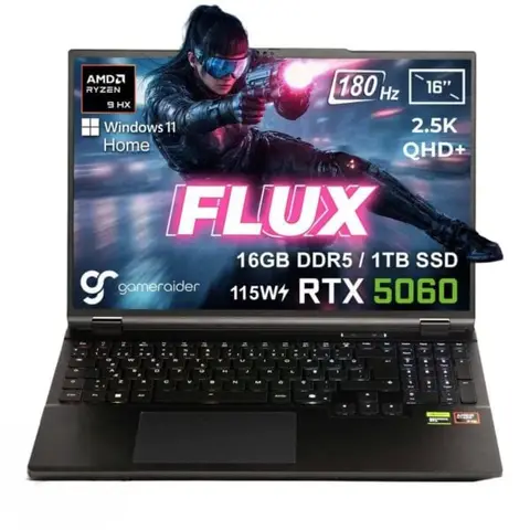 GameRaider FLUX GR16 AMD Ryzen 9-8940HX GeForce RTX 5060 8GB 115W 16GB DDR5 1TB SSD 16 inç 2.5K QHD+ 180Hz FreeDos Gaming Laptop – Çanta Hediyeli