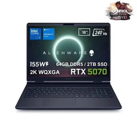 Dell Alienware 16X Aurora Intel Core Ultra 9-275HX GeForce RTX 5070 8GB 155W 64GB DDR5 2TB SSD 16 inç 2K WQXGA 240Hz 3ms WVA W11 Home Gaming Laptop (AC16251-CU932157Wv3) – 2 Yıl Yerinde Servis Garanti