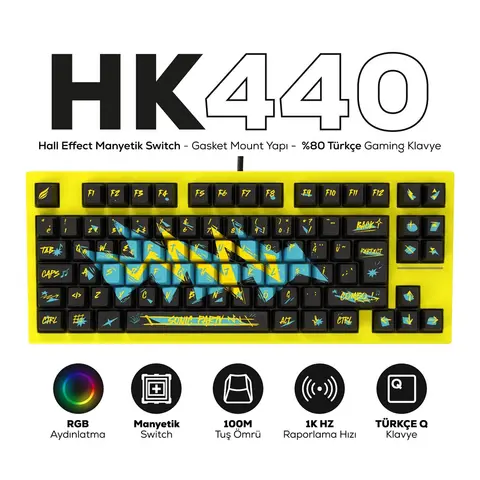 Hawk Gaming HK440 Hall Effect Manyetik Switch Rapid Trigger Sonic RGB 1k Hz 1 Ms Kablolu Gaming Klavye