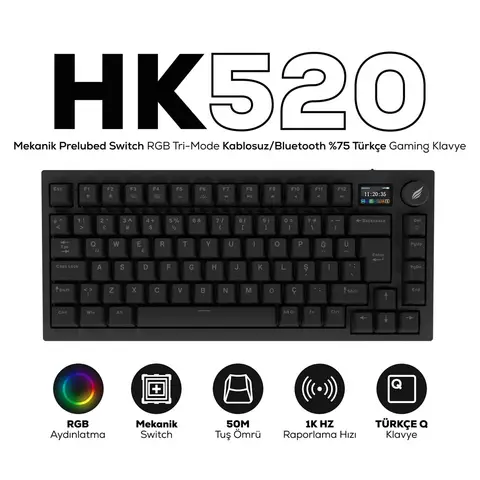 Hawk Gaming HK520 Mekanik Prelubed Switch Hot Swap RGB Tri-Mode Kablosuz/Bluetooth Türkçe Gaming Klavye