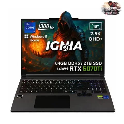 GameRaider IGNIA GR16 Intel Core i9-14900HX GeForce RTX 5070Ti 12GB 140W 64GB DDR5 2TB SSD 16 inç  2.5K QHD+ 300Hz FreeDos Gaming Laptop – Çanta Hediyeli
