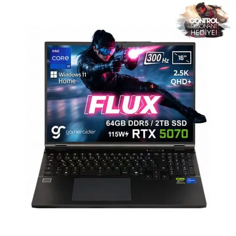 GameRaider FLUX GR16 Intel Core i9-14900HX GeForce RTX 5070 8GB 115W 64GB DDR5 2TB SSD 16 inç 2.5K QHD+ 300Hz FreeDos Gaming Laptop – Çanta Hediyeli