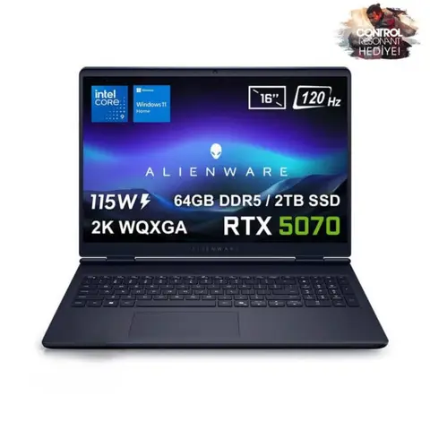 Dell Alienware 16 Aurora Intel Core 9-270H GeForce RTX 5070 8GB 115W 64GB DDR5 2TB SSD 16 inç 2K WQXGA 120Hz WVA W11 Home Gaming Laptop (AC16250-C932157Wv3) – 2 Yıl Yerinde Servis Garantisi