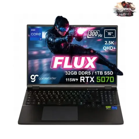 GameRaider FLUX GR16 Intel Core i9-14900HX GeForce RTX 5070 8GB 115W 32GB DDR5 1TB SSD 16 inç 2.5K QHD+ 300Hz FreeDos Gaming Laptop – Çanta Hediyeli