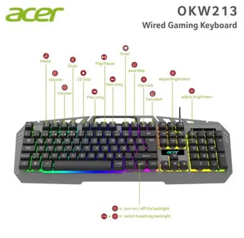Acer OKW213 USB Q TR Rainbow Gri Kablolu Oyuncu Klavyesi