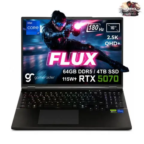 GameRaider FLUX GR16 Intel Core i7-14650HX GeForce RTX 5070 8GB 115W 64GB DDR5 4TB SSD 16 inç 2.5K QHD+ 180Hz FreeDos Gaming Laptop – Çanta Hediyeli