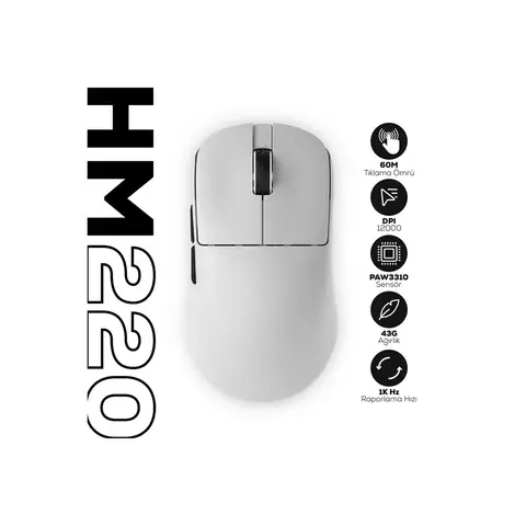 Hawk Gaming HM220 1K Hz 12000 DPI Tri-Mode Kablosuz/Bluetooth Beyaz Gaming Mouse