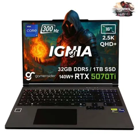 GameRaider IGNIA GR16 Intel Core i9-14900HX GeForce RTX 5070Ti 12GB 140W 32GB DDR5 1TB SSD 16 inç  2.5K QHD+ 300Hz W11 Home Gaming Laptop – Çanta Hediyeli