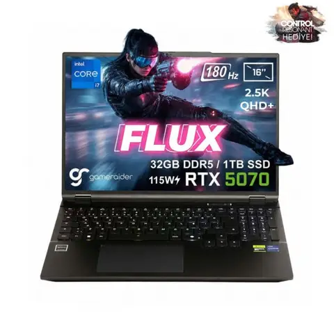 GameRaider FLUX GR16 Intel Core i7-14650HX GeForce RTX 5070 8GB 115W 32GB DDR5 1TB SSD 16 inç 2.5K QHD+ 180Hz W11 Home Gaming Laptop – Çanta Hediyeli