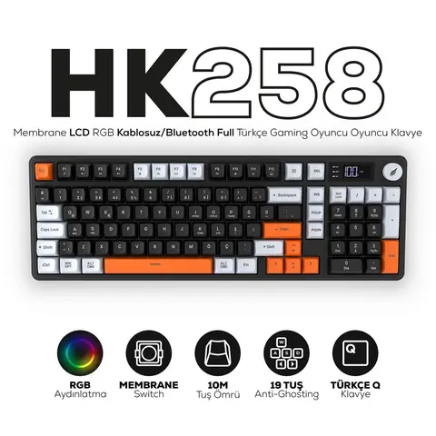 Hawk Gaming HK258 Membrane LCD RGB Kablosuz/Bluetooth Siyah Turuncu Full Türkçe Gaming Klavye