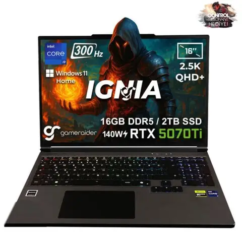 GameRaider IGNIA GR16 Intel Core i9-14900HX GeForce RTX 5070Ti 12GB 140W 48GB DDR5 1TB SSD 16 inç 2.5K QHD+ 300Hz FreeDos Gaming Laptop – Çanta Hediyeli