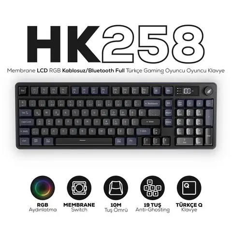 Hawk Gaming HK258 Membrane LCD RGB Kablosuz/Bluetooth Gri Mor Full Türkçe Gaming Oyuncu Klavye