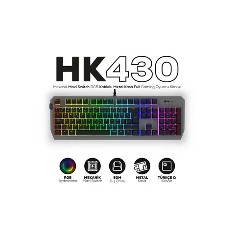 Hawk Gaming HK430 Mekanik Mavi Switch RGB Kablolu Metal Kasa Full Gaming Klavye