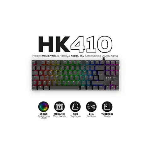 Hawk Gaming HK410 Mekanik Mavi Switch 19 Mod RGB Kablolu Siyah TKL Türkçe Gaming Klavye