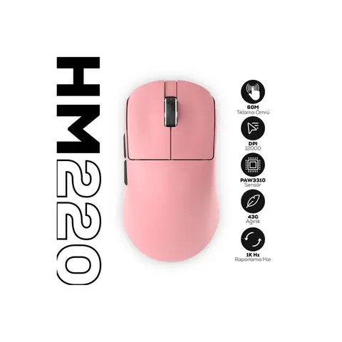 Hawk Gaming HM220 1K Hz 12000 DPI Tri-Mode Kablosuz/Bluetooth Pembe Gaming Mouse