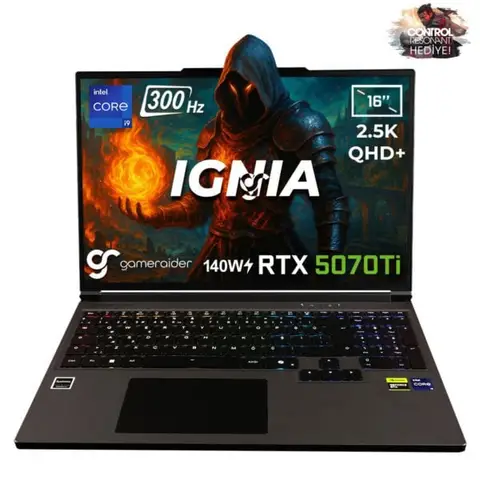GameRaider IGNIA GR16 Intel Core i9-14900HX GeForce RTX 5070Ti 12GB 140W 24GB DDR5 1TB SSD 16 inç 2.5K QHD+ 300Hz FreeDos Gaming Laptop – Çanta Hediyeli