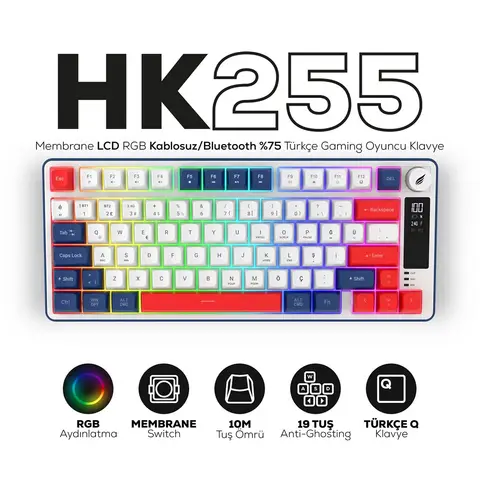 Hawk Gaming HK255 Membrane LCD RGB Kablosuz/Bluetooth Mavi Kırmızı %75 Türkçe Gaming Klavye