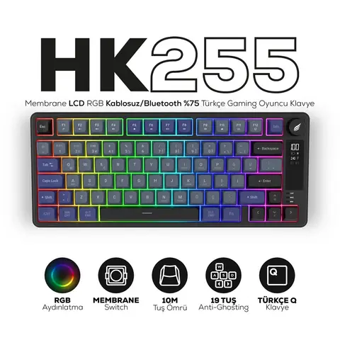 Hawk Gaming HK255 Membrane LCD RGB Kablosuz/Bluetooth Gri Mor %75 Türkçe Gaming Klavye
