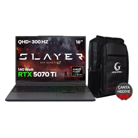 Game Garaj Slayer R9T-5070Ti v2 C4 AMD Ryzen 9 9955HX RTX5070Ti 32GB RAM 1TB SSD 16'' QHD+ 300Hz FreeDos Oyuncu Laptop