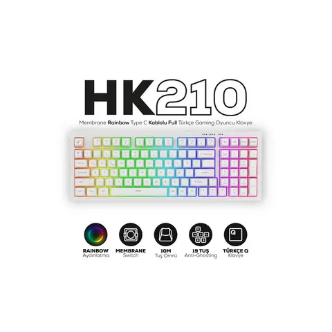 Hawk Gaming HK210W Membrane Rainbow Type C Kablolu Beyaz Full Türkçe Gaming Klavye
