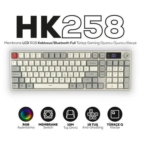 Hawk Gaming HK258 Membrane LCD RGB Kablosuz/Bluetooth Kırmızı Haki Full Türkçe Gaming Klavye