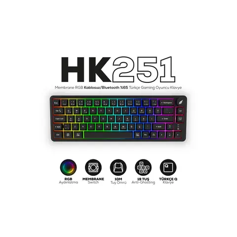 Hawk Gaming HK251 Membrane RGB Kablosuz/Bluetooth Siyah %65 Türkçe Gaming Klavye
