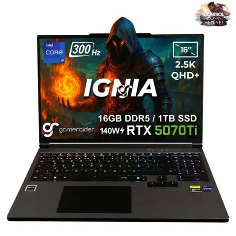 GameRaider IGNIA GR16 Intel Core i9-14900HX GeForce RTX 5070Ti 12GB 140W 16GB DDR5 1TB SSD 16 inç  2.5K QHD+ 300Hz W11 Home Gaming Laptop – Çanta Hediyeli