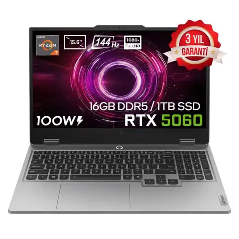 Lenovo LOQ 15AHP10 AMD Ryzen 7 250 GeForce RTX 5060 8GB 100W 16GB DDR5 1TB SSD 15.6 inç Full HD 144Hz IPS FreeDos Gaming Laptop (83JG008UTR)