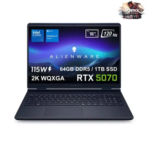 Dell Alienware 16 Aurora Intel Core 9-270H GeForce RTX 5070 8GB 115W  64GB DDR5 1TB SSD 16 inç 2K WQXGA 120Hz WVA W11 Home Gaming Laptop (AC16250-C932157Wv2) – 2 Yıl Yerinde Servis Garantisi