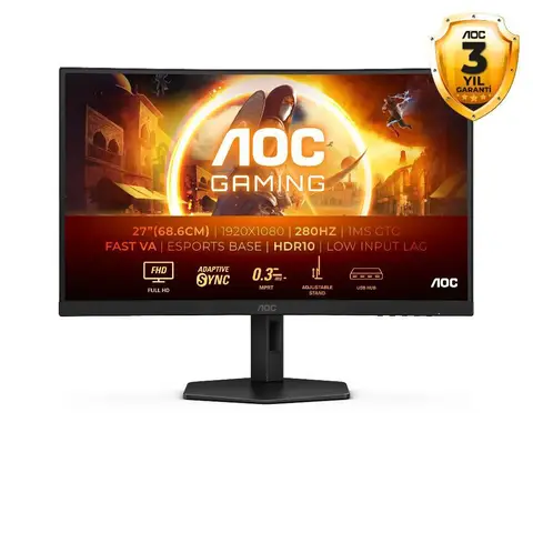 AOC C27G4ZXU 27" 280Hz 0.3ms HDMI DP AdaptiveSync FHD Fast VA Curved Gaming Monitör