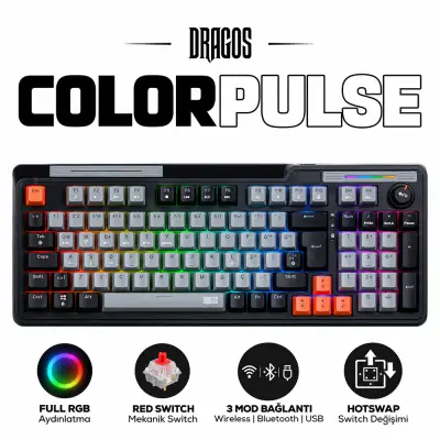 Dragos ColorPulse Siyah Gri Red Switch Hotswap Şarjlı USB Wireless Bluetooth Full RGB Oyuncu Mekanik Klavyesi