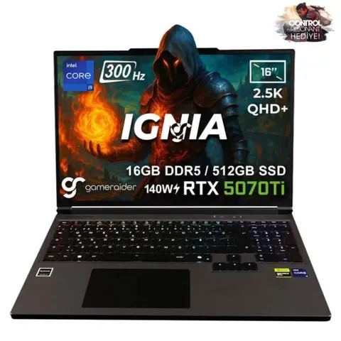 GameRaider IGNIA GR16 Intel Core i9-14900HX GeForce RTX 5070Ti 12GB 140W 16GB DDR5 512GB SSD 16 inç  2.5K QHD+ 300Hz FreeDos Gaming Laptop – Çanta Hediyeli