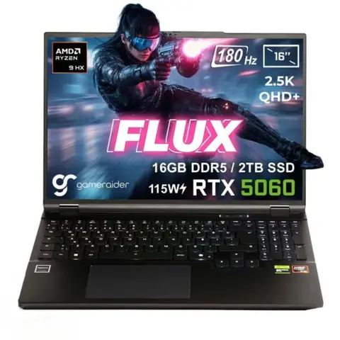 GameRaider FLUX GR16 AMD Ryzen 9-8940HX GeForce RTX 5060 8GB 115W 16GB DDR5 2TB SSD 16 inç 2.5K QHD+ 180Hz W11 Home Gaming Laptop – Çanta Hediyeli