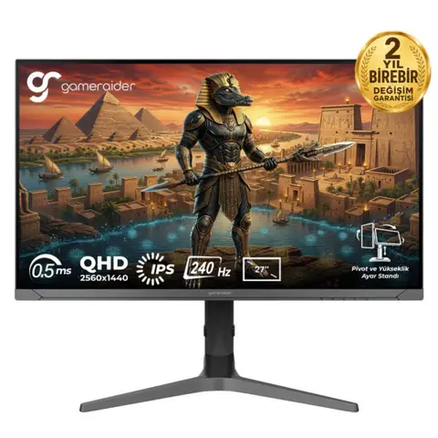 GameRaider SOBEK GR27Q24I 27 inç 240Hz 0.5ms 2K QHD Adaptive Sync IPS Pivot Gaming Monitör – 2 Yıl Birebir Değişim Garantili