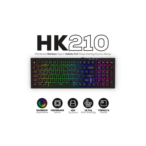 Hawk Gaming HK210B Membrane Rainbow Type C Kablolu Siyah Full Türkçe Gaming Bilgisayar Klavyesi