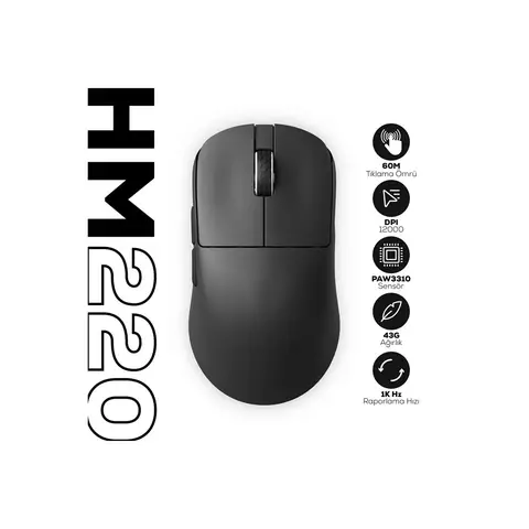 Hawk Gaming HM220 1K Hz 12000 DPI Tri-Mode Kablosuz/Bluetooth Siyah Gaming Mouse