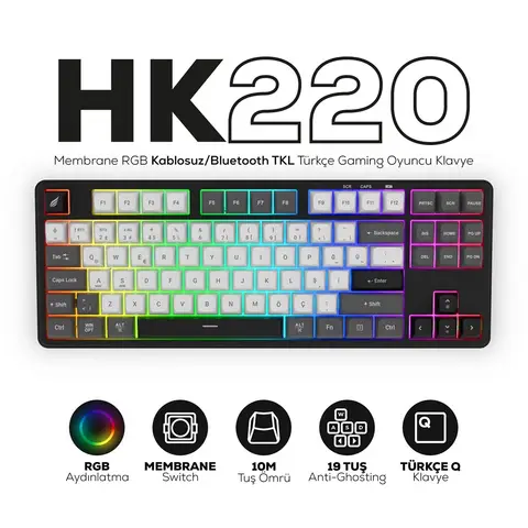 Hawk Gaming HK220 Membrane RGB Kablosuz/Bluetooth Siyah Beyaz TKL Türkçe Gaming Klavye