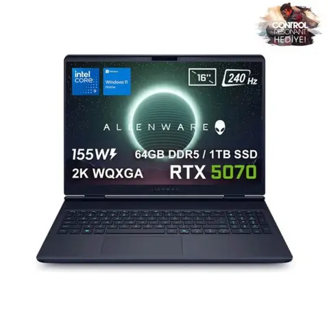 Dell Alienware 16X Aurora Intel Core Ultra 9-275HX GeForce RTX 5070 8GB 155W 64GB DDR5 1TB SSD 16 inç 2K WQXGA 240Hz 3ms WVA W11 Home Gaming Laptop (AC16251-CU932157Wv2) – 2 Yıl Yerinde Servis Garanti