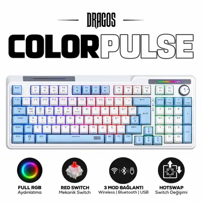 Dragos ColorPulse Mavi Beyaz Red Switch Hotswap Şarjlı USB Wireless Bluetooth Full RGB Mekanik Oyuncu Klavyesi