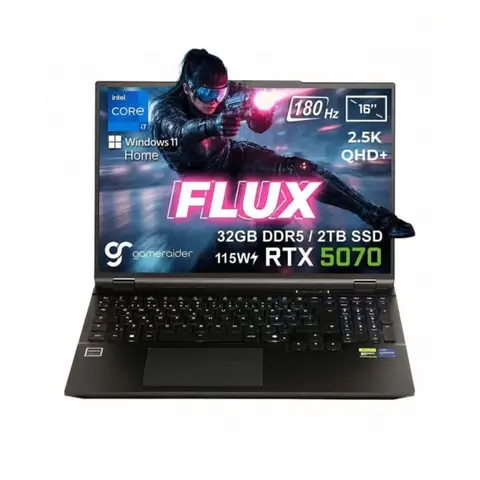 GameRaider FLUX GR16 Intel Core i7-14650HX GeForce RTX 5070 8GB 115W 32GB DDR5 2TB SSD 16 inç 2.5K QHD+ 180Hz W11 Home Gaming Laptop – Çanta Hediyeli