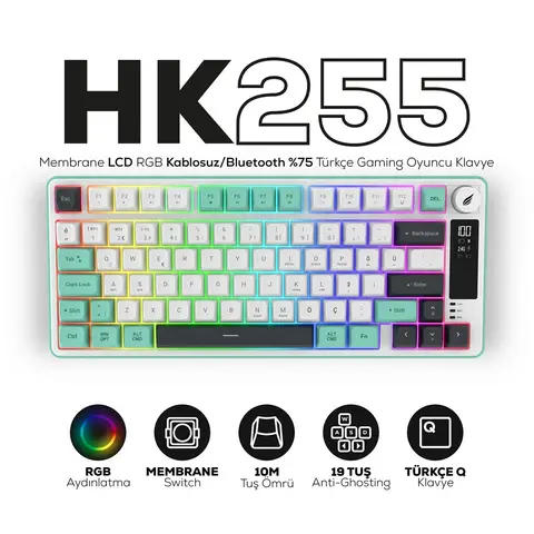 Hawk Gaming HK255 Membrane LCD RGB Kablosuz/Bluetooth Gri Yeşil %75 Türkçe Gaming Klavye