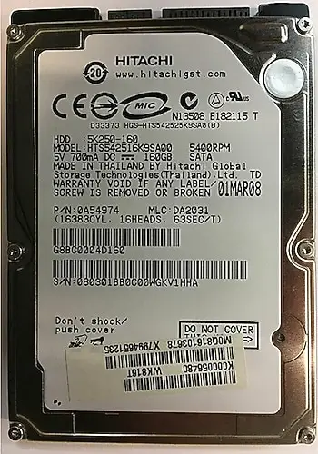 Hitachi HTS542516K9SA00 SATA 5400 RPM 2.5" 160 GB Harddisk
