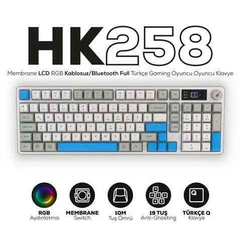 Hawk Gaming HK258 Membrane LCD RGB Kablosuz/Bluetooth Beyaz Mavi Full Türkçe Gaming Klavye