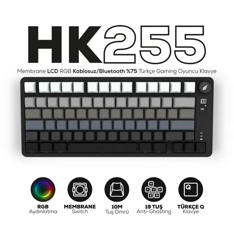 Hawk Gaming HK255 Membrane LCD RGB Kablosuz/Bluetooth Siyah Gradyan Türkçe Gaming Oyuncu Klavye