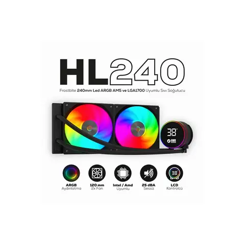 Hawk Gaming HL240 Frostbite 240mm Led ARGB AM5 ve LGA1700 Uyumlu Siyah Sıvı Soğutucu