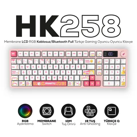 Hawk Gaming HK258 Membrane LCD RGB Kablosuz/Bluetooth Beyaz Pembe Full Türkçe Gaming Klavye