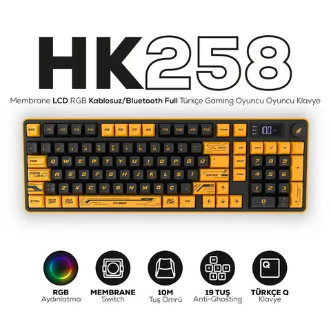 Hawk Gaming HK258 Membrane LCD RGB Kablosuz/Bluetooth Cyber Sarı Siyah Full Türkçe Gaming Klavye
