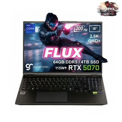 GameRaider FLUX GR16 Intel Core i9-14900HX GeForce RTX 5070 8GB 115W 64GB DDR5 4TB SSD 16 inç 2.5K QHD+ 300Hz FreeDos Gaming Laptop – Çanta Hediyeli
