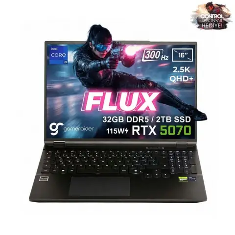 GameRaider FLUX GR16 Intel Core i9-14900HX GeForce RTX 5070 8GB 115W 32GB DDR5 2TB SSD 16 inç 2.5K QHD+ 300Hz W11 Home Gaming Laptop – Çanta Hediyeli