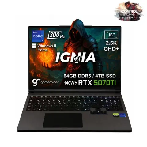 GameRaider IGNIA GR16 Intel Core i9-14900HX GeForce RTX 5070Ti 12GB 140W 64GB DDR5 4TB SSD 16 inç  2.5K QHD+ 300Hz FreeDos Gaming Laptop – Çanta Hediyeli
